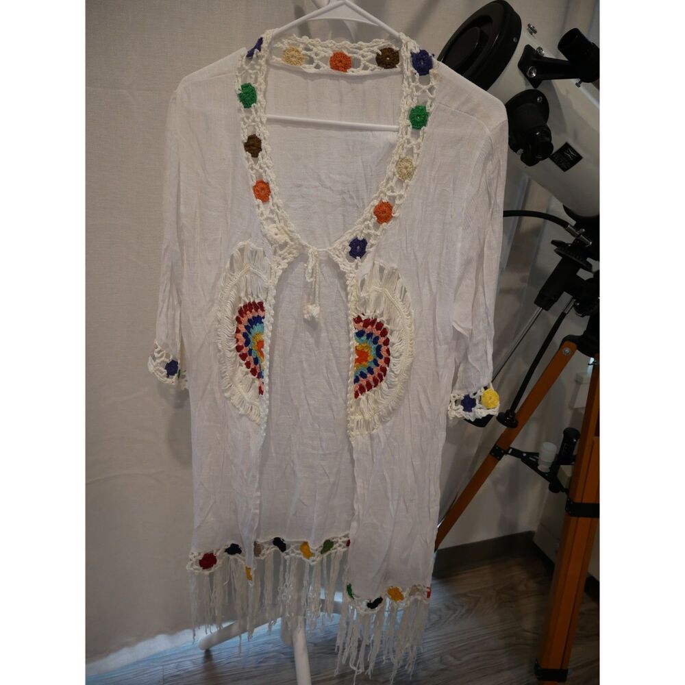White Crochet Granny Square Fringe Kimono Boho Festival Beach Cover Up